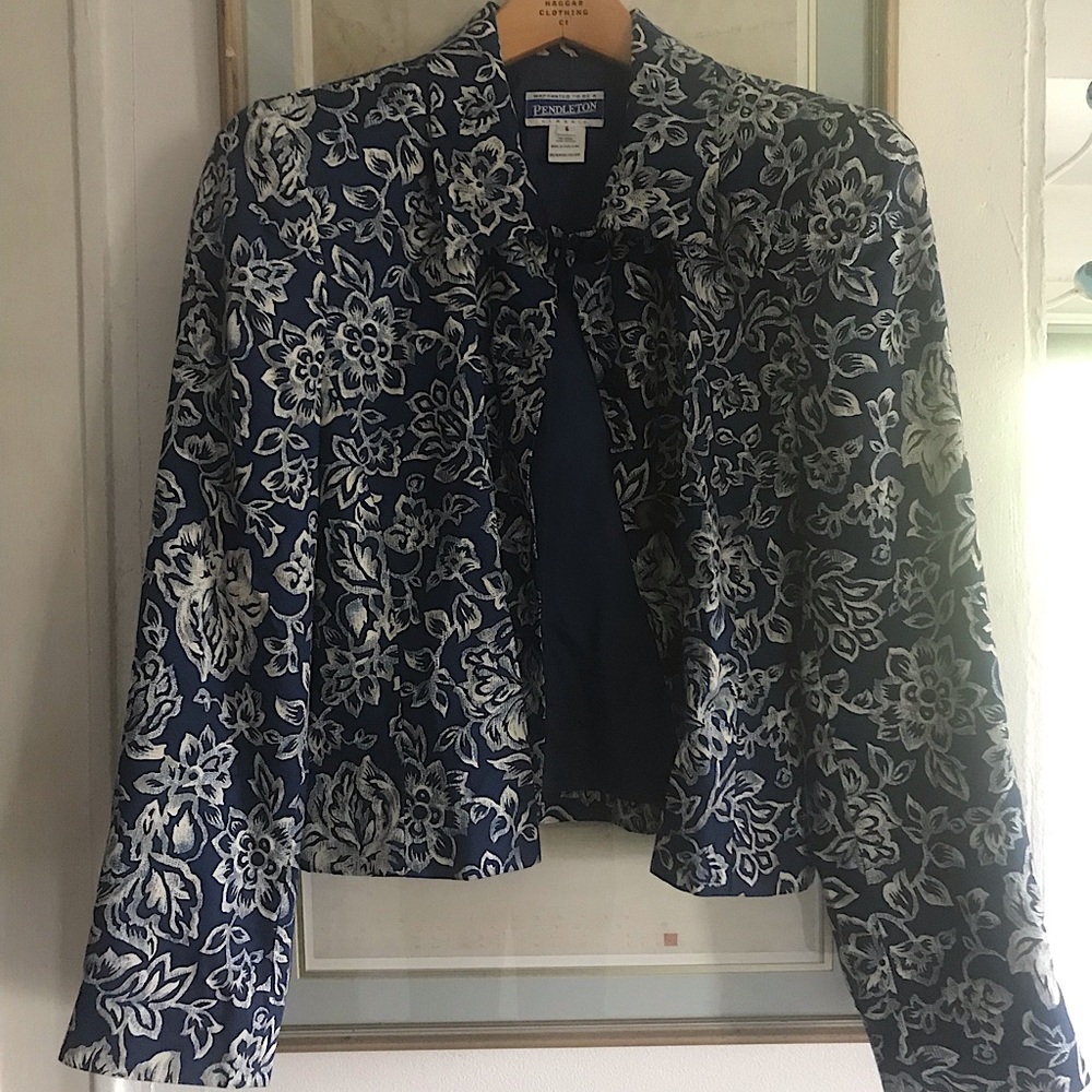 Vintage Pendleton Jacket Lightweight Blazer Women’s size 6 Floral Blue Cream